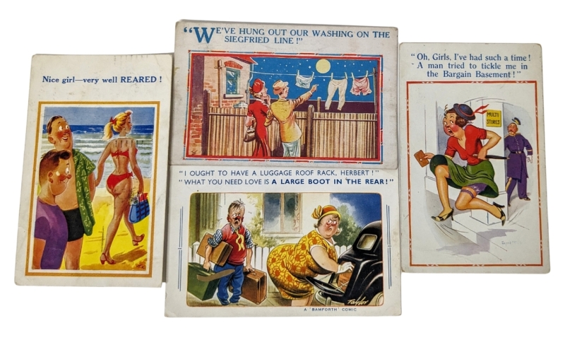 4 Vintage Adult Humour Postcards : Reared, Siegfried Line, Boot & Bargain Basement Tickles (All Addressed, Written in and 3 Stamped)