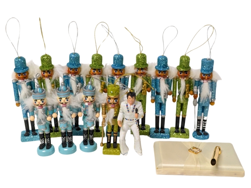 13 Nutcracker Ornaments 4.5" - 6" Tall + Elvis Ornament 5" and Vintage Wedding Pen Holder with Pen