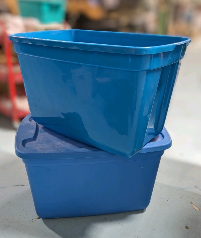 2 Large Blue Totes, 1 Lid : 25" x 16" x 15.5" Tall