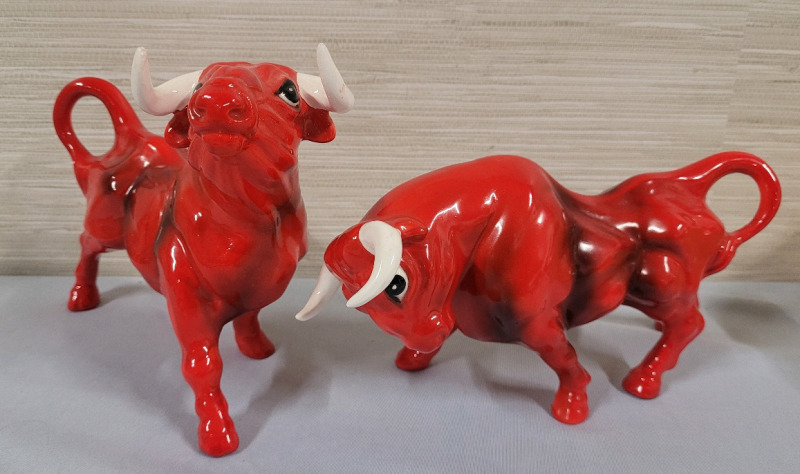 Vintage Lego Japan Ceramic Red Bull Figurines , Pair . Measures 8.5" long