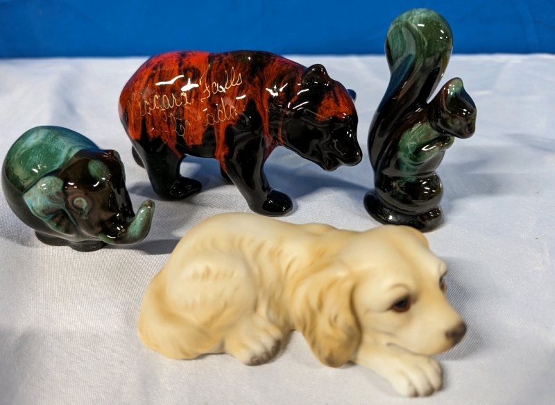 4 Animal Figurines. 3 Blue Mountain Pottery Style, (No Marks) and 1 Harvey Knox Golden Retreiver. Tallest 3.5"