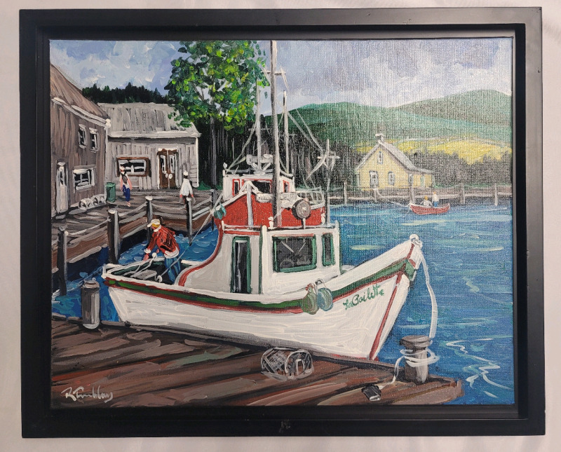 " Reudu &agrave; Quai " by Roland Tremblay . Framed Oil on Canvas . Measures 22 1/4"&times; 18 1/4"