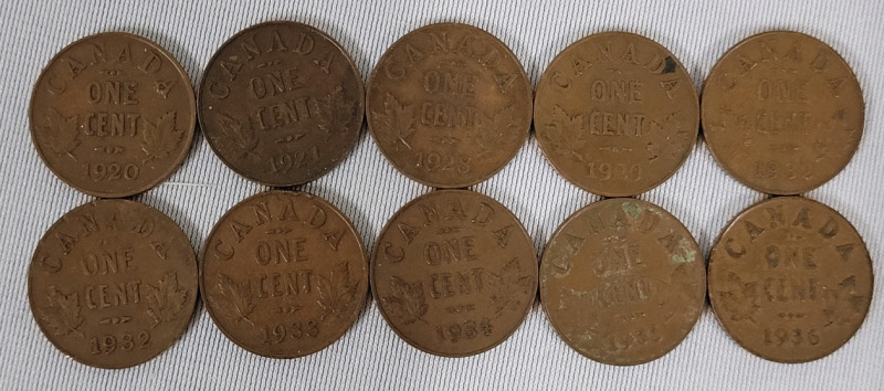 1920 - 1936 Canadian King George V Small Cent Pennies . Ten (10) Coins