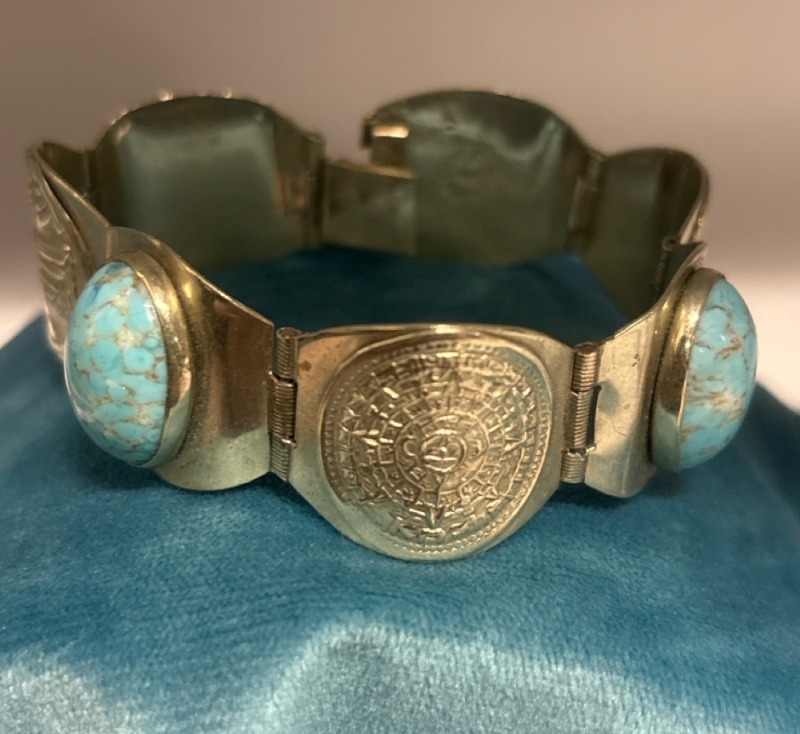 Vintage Sterling Turquoise Mayan Aztec panel Bracelet