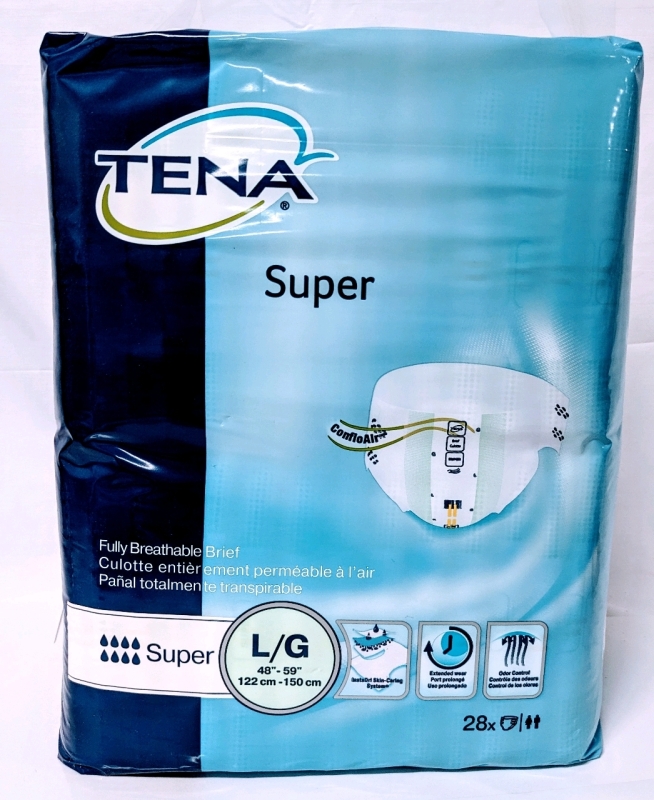 New TENA Unisex Size Large 28pk Super Absorbency Disposable Briefs (for 48" - 59" Waists)