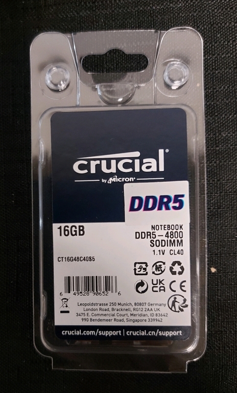 New Crucial 16GB DDR5-4800 SODIMM CL 40 Notebook RAM