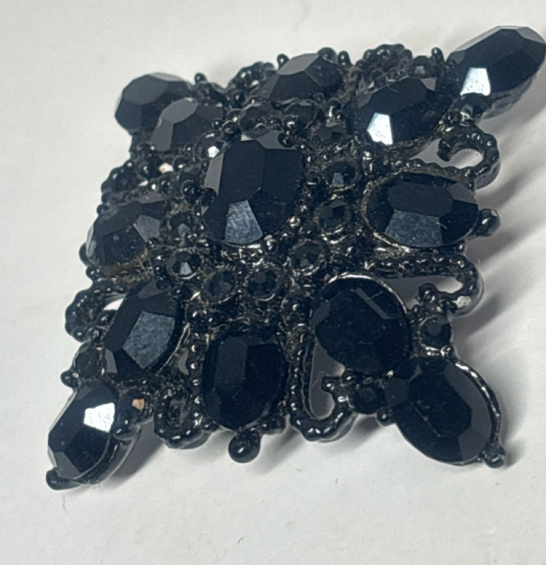 French Jet Black Japanned Rhinestone Brooch