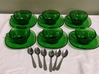 6 Vintage Green Glass Teacups & Saucers Stamped France Vereco + 6 Spoons by Massief