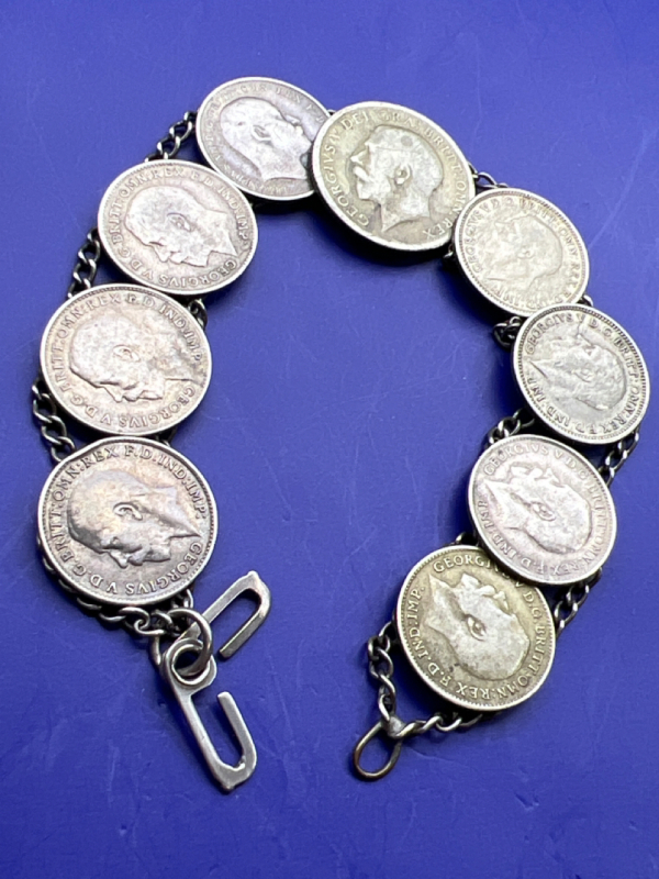 Antique Sterling Coin Bracelet British 3 Pence 1906-1921