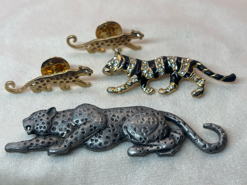 Leopard and Tiger vintage Brooches Pewter Enamel Rhinestones