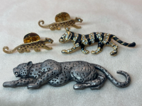 Leopard and Tiger vintage Brooches Pewter Enamel Rhinestones