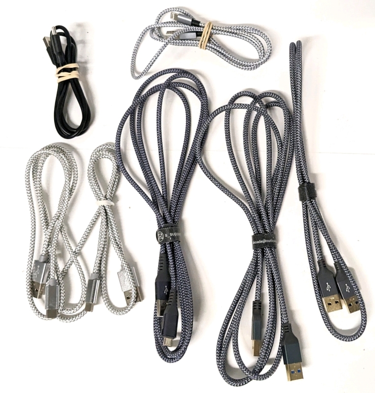 Assorted USB Cords: USB-A to USB-C, USB-A to Lightning, USB-A to Micro USB & USB-A to USB-A : 30" - 70" Long
