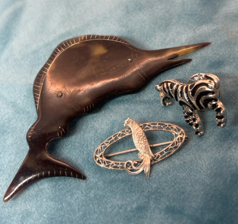 Tortoise shell Sword Fish Sterling antique Parrot Enamel Zerba Brooches