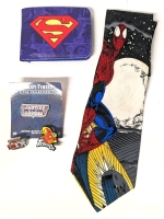 Vintage 1994 Marvel Spider-Man Tie, Superman BiFold Wallet & 3 Enamel Pins: Justice League, TerrifiCon & 2021 FanExpo