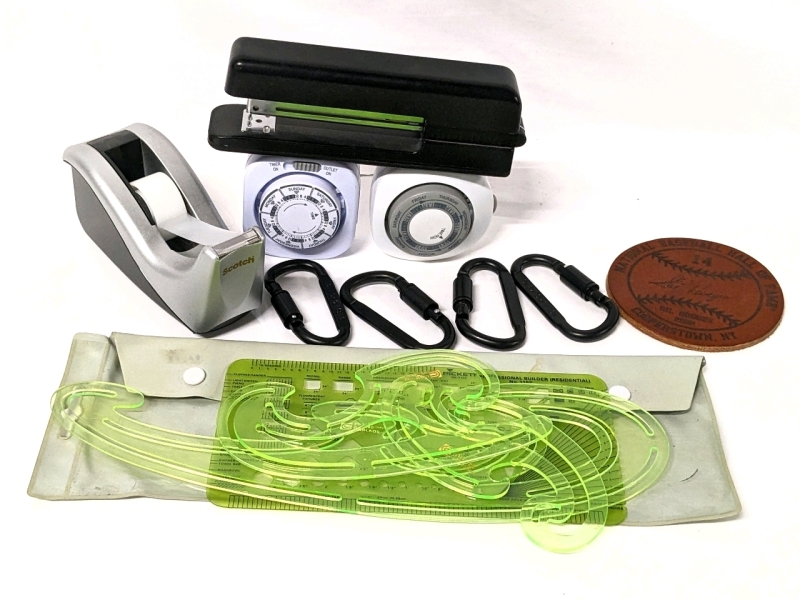 Scotch Tape Dispenser, Charvoz Curve Templates, Pickett Professional Builder (Residential) Architectural Template #1152, 4 Carabiners, 2 Outlet Timers, Leather Baseball Coaster & Stanley Stapler