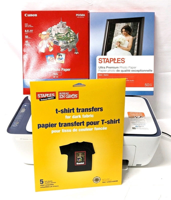 HP Deskjet 2700e Printer Scanner, 1 Partial + 1 Full Packs 8.5x11" Photo Paper, Stack of 4x6" HP Photo Paper & Partial Pack T-Shirt Transfer for Dark Fabric
