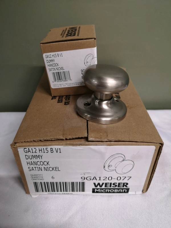 6 New Weiser Dummy Door Knobs - Hancock Satin Nickel - 9GA120-077