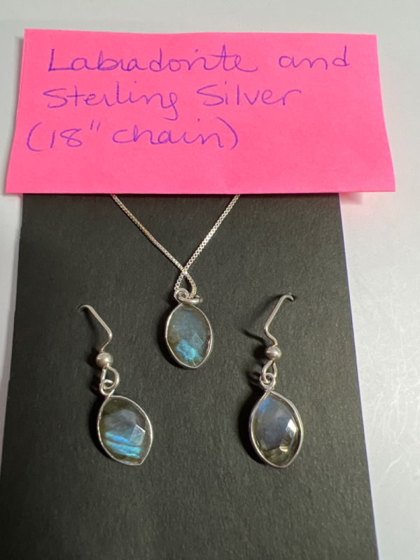 Sterling Labradorite Pendant chain + Earrings