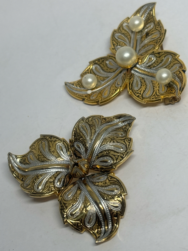 Two Gold tone Silver enameled Trilliam Vintage Brooches