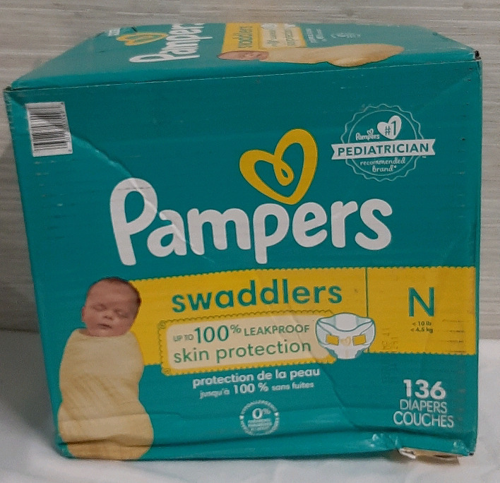 New Pampers Swaddlers Size N 136 Diapers Box Damaged Contents are fine.