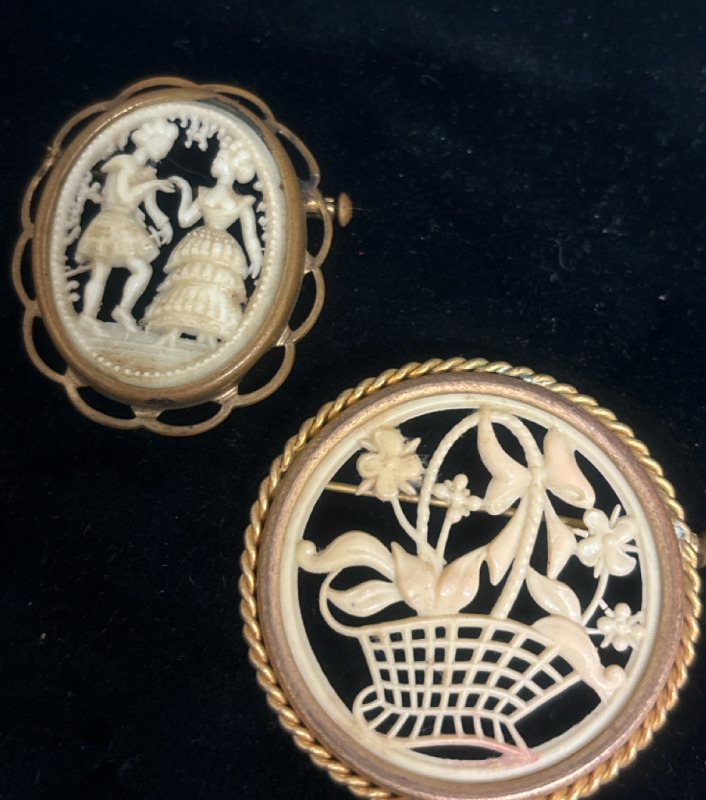 Two Vintage Celluloid Cut Out Brooches Trombone Clasps