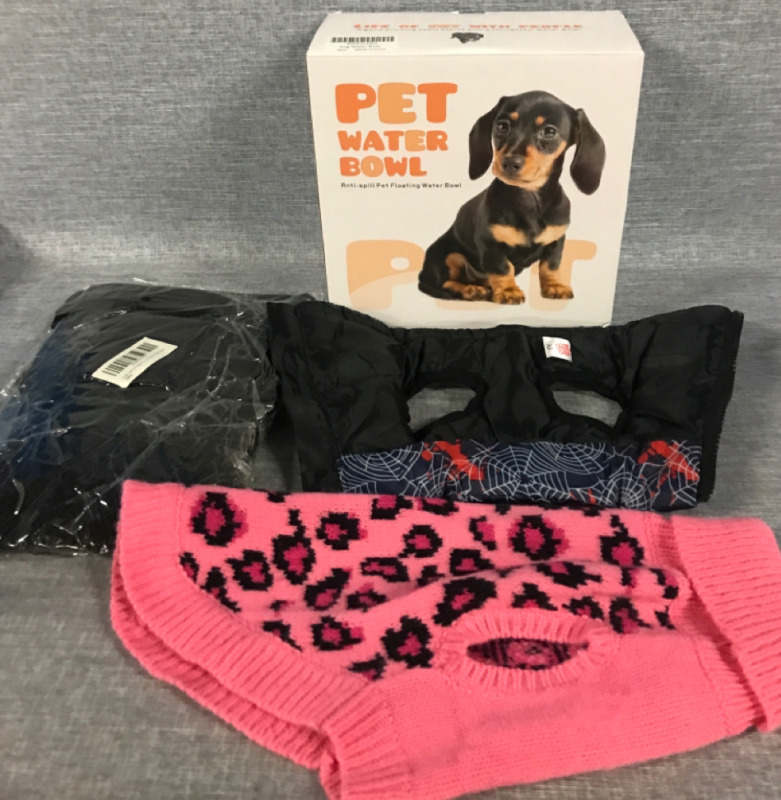 Small Dog Accessories Lot pet bowl and Extra Small sweaters