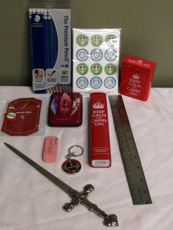 Stationary+ Miscellaneous Lot- Tins, Pencils, Ruler, Letter Opener +