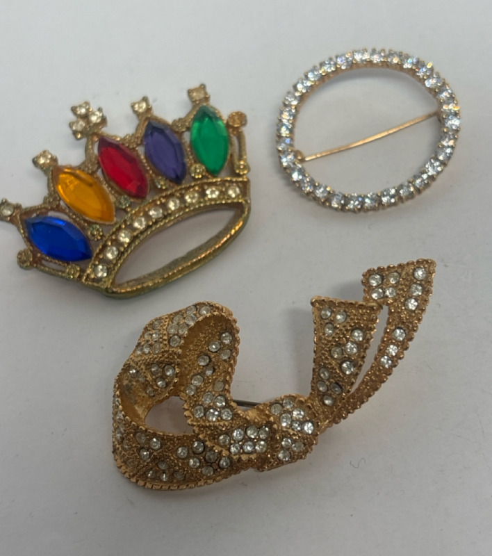 Three Rhinestone Brooches Crown Minimalist Art Nouveau