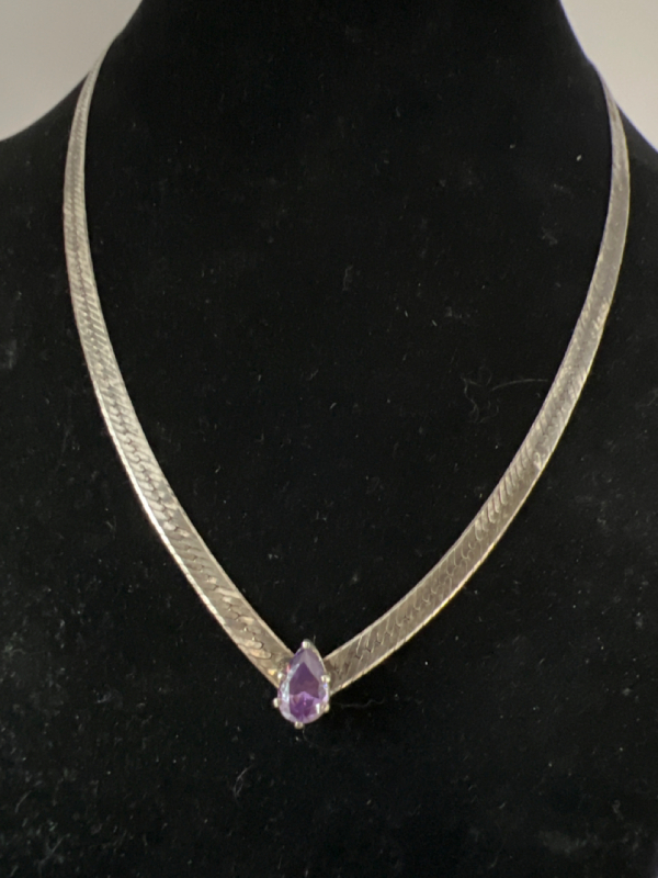 Elegant 925 Italy Sterling Braided Chain with Purple Teardrop