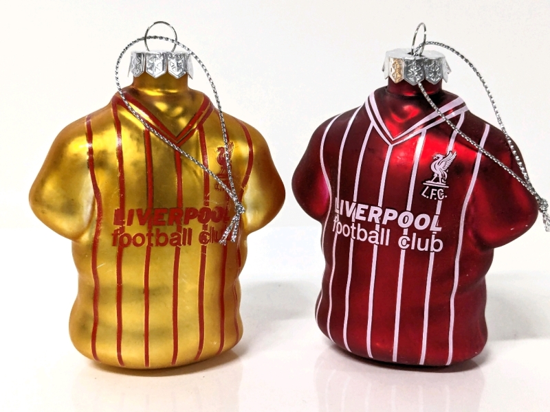 2 Liverpool Football Club Blown Glass Football Jersey Christmas Ornaments 3.5" Tall ea