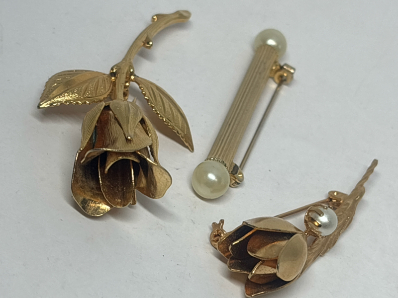 Three Vintage Gold Tone Elegant Brooches