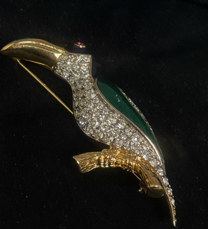 Signed DOrlan 22Kt Gold Plate Toucan Enamel Swarovski Brooch