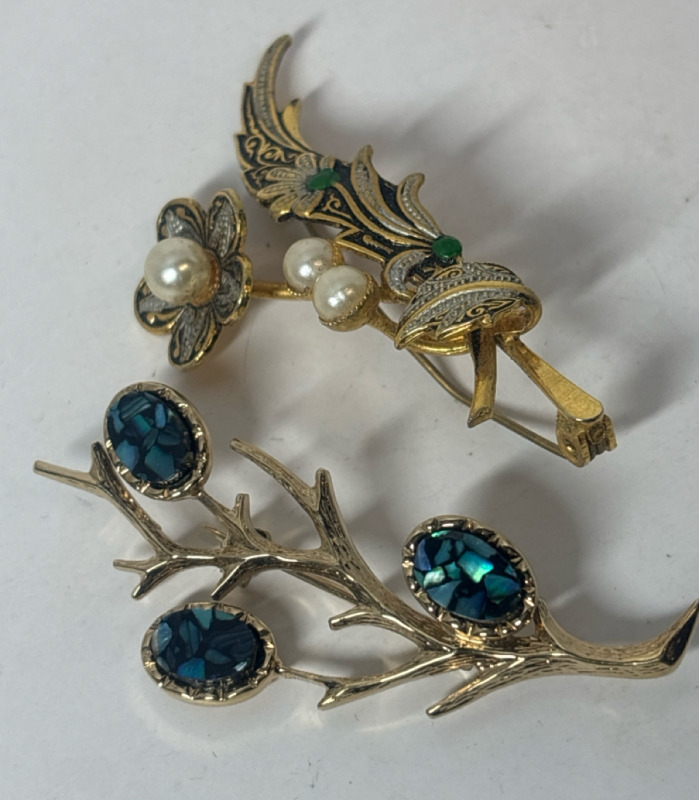 Opal Chip Lovely Enamel Faux Pearl 2 Vintage Brooches