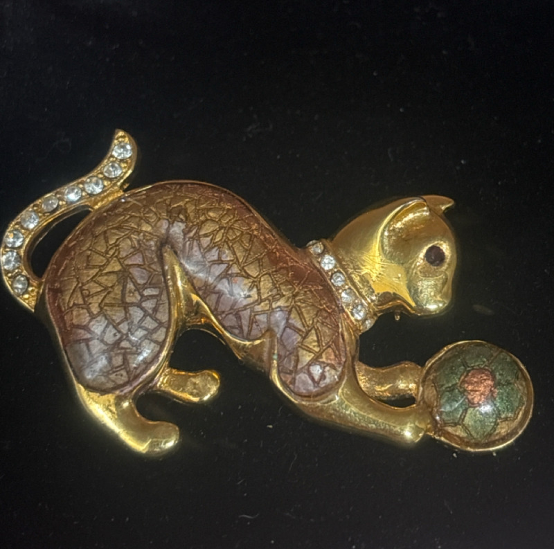 Playing Cat Figural Brooch Enamel Rhinestones Signed