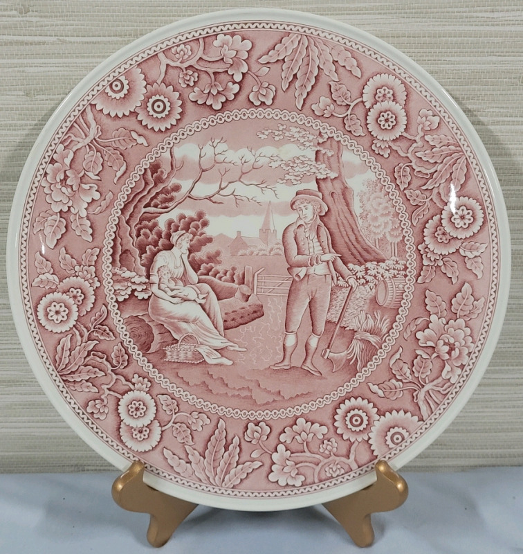 Spode English Country Toile Georgian Series Woodman Pink Cake / Dessert Plate , measures 11 1/4" diameter