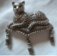 Cat Figural Brooch on Cushion Rhinestone Eyes signed