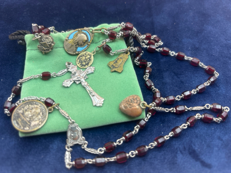 Beautiful Ruby Red Crucifix Rosary Coins Enamel Vintage