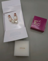 New Stella & Dot 2.75" Goldtone Mixed Stone & Freshwater Pearl Earrings, Size 7 Stackable Ring & a .50" Letter "E" Pendant