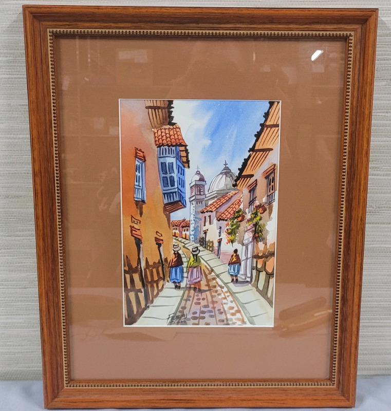 " Village Road with People " Watercolor Signed by Artist . Measures 12 3/4"&times;15 3/4"