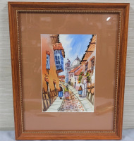 " Village Road with People " Watercolor Signed by Artist . Measures 12 3/4"&times;15 3/4"