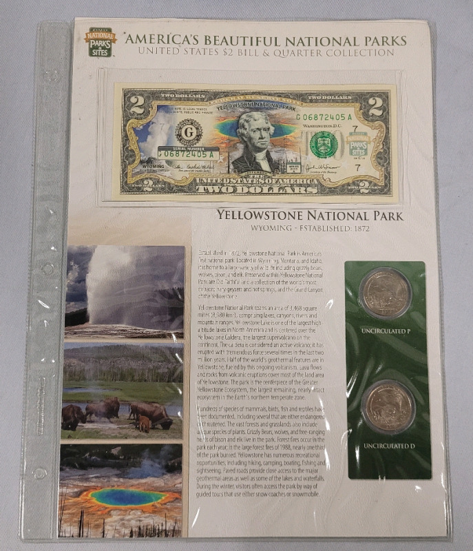 2010 USA YellowStone National Park Uncirculated Two Dollar Bill & Quarter Coin Set