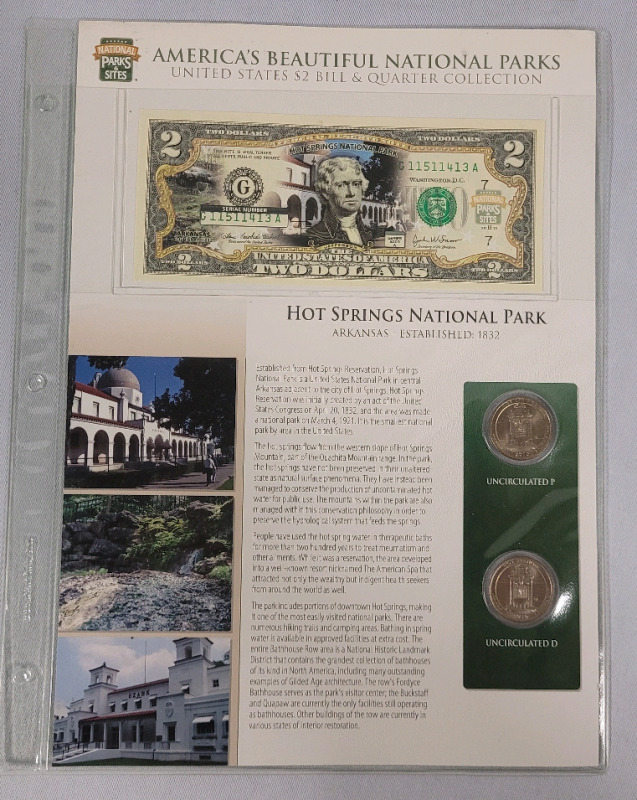 2010 USA Hot Springs National Park Uncirculated Two Dollar Bill & Quarter Coin Set