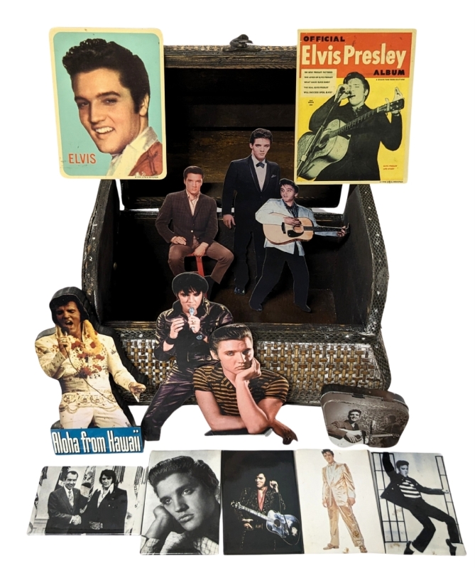 Vintage ELVIS PRESLEY Magnets, Wood Aloha Hawaii Wood Cut-Out & Collectable Tin in Keepsake Box 9" x 6.5" x 5.5"