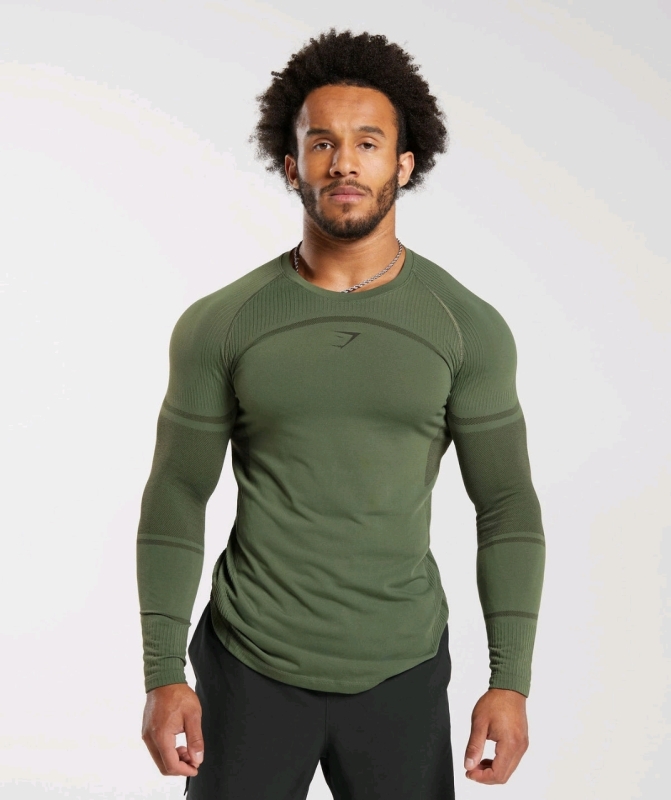 New Size Med GYMSHARK 315 Seamless Long Sleeve T-Shirt | Core Olive / Deep Olive Green