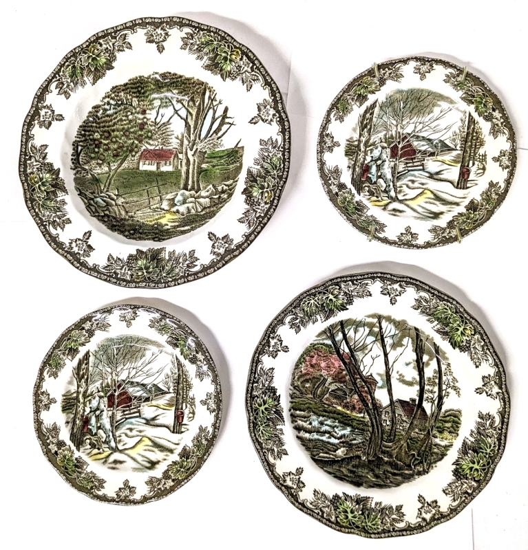 Vintage Johnson Bros England "The Friendly Village" Plates & Bowl : Sugar Maples, The Stone Wall & Willow by the Brook