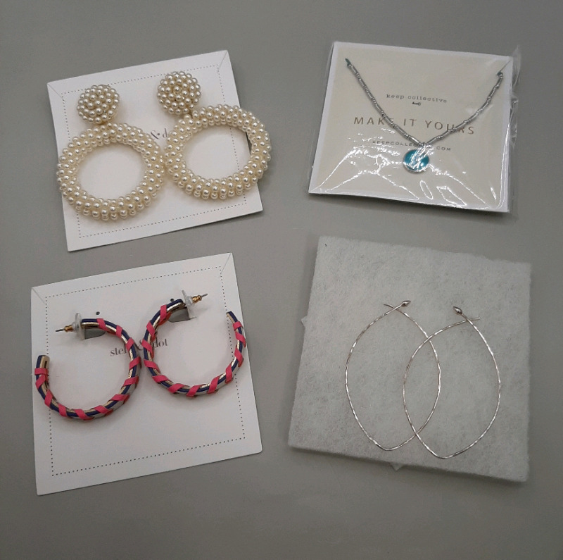 New Stella & Dot 2.75" Pearl Earrings, 7" Bracelet with the letter N, Pink & Cream Hoops and a Pair of Silvertone Loops