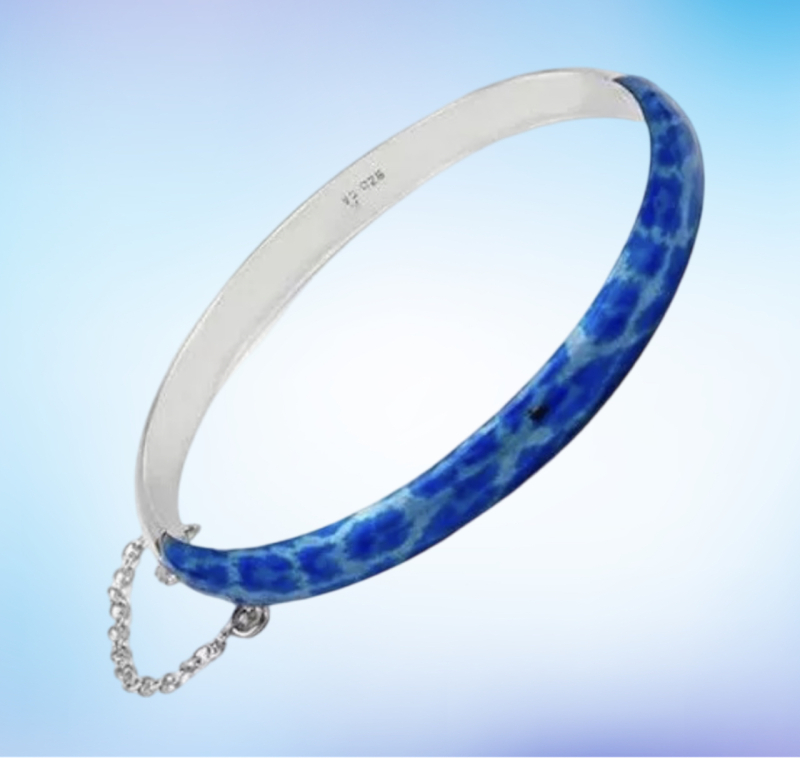 925 Sterling Silver Blue Leopard Print Enamel Hinge Bracelet