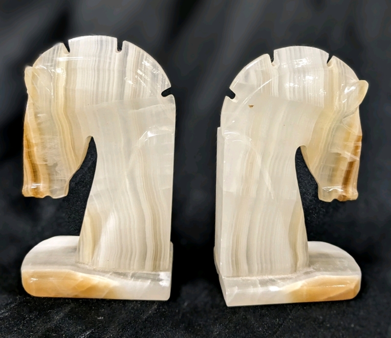 Vintage Alabaster Horse Head Bookends 6.25" Tall