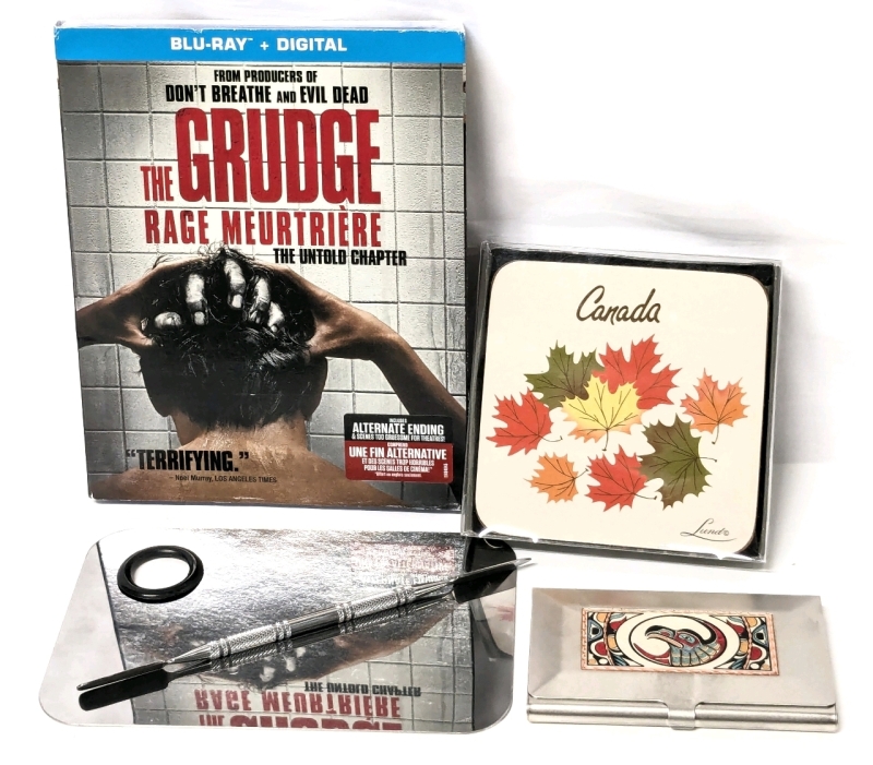 Assorted New Items: THE GRUDGE The Untold Chapter Blu-Ray, Makeup / Paint Metal Mixing Palette, Native Art Metal Card Case & Set of 4 Coasters with Art by Canadian Artist Ruth Lund