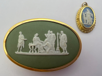 Wedgewood England Signed green Brooch + Demure blue Pendant